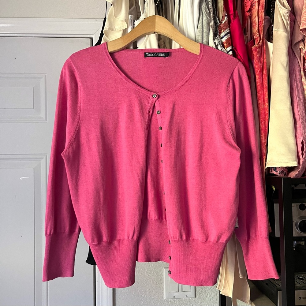 WOOLOVERS pink silk cotton long‎ sleeve button up knit cardigan sweater